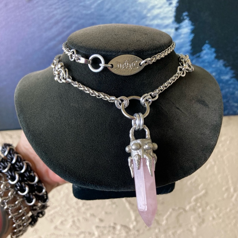 Natural Rose quartz crystal gemstone boho goth stone  charm necklace